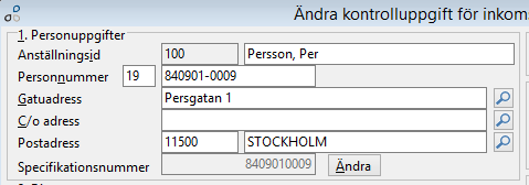 Detaljerad information av vissa fält på kontrolluppgiften 1. Personuppgifter, samordningsnummer och specifikationsnummer: a.