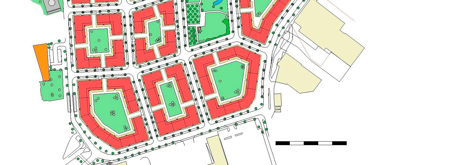 Planförslag Hela området kommer att byggas i olika etapper, varav etappbyggnationen är påverkat av hur marken i området används idag samt den naturliga uppdelningen som Bäveån och dess omgivning