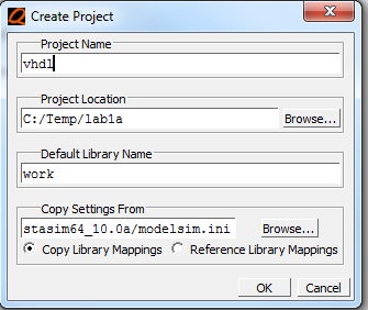 2.2 Skapa ett projekt Ange directory och projektnamn, t ex Default library är alltid work. Inställningarana i Modelsim skall kopieras. 2.