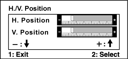 Kontroll Beskrivning H./V. Position (horisontell/vertikal position) fflyttar skärmbilden åt vänster eller höger och upp eller ner.