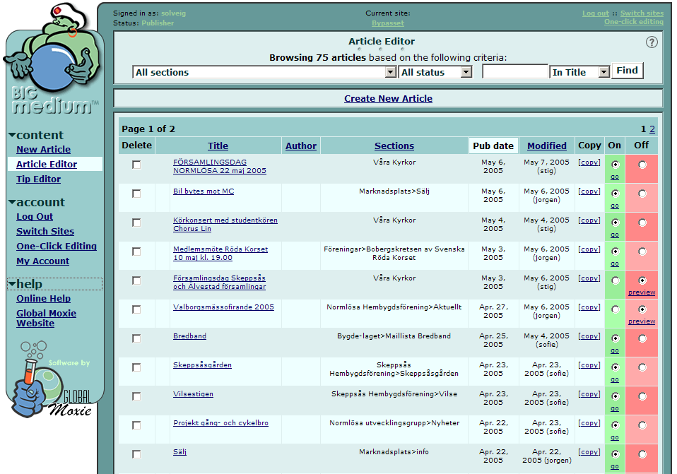 När du loggat in så ser det ut på följande sätt: I menyn till vänster finns Content o New Article Här skriver du nya artiklar. o Article Editor Här ser du alla skrivna artiklar.