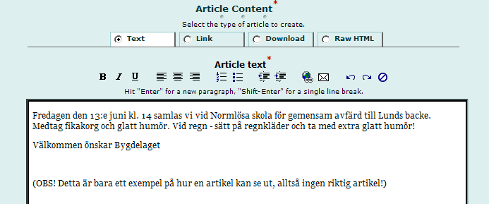 Skriv därefter in din text i Article Content, se exempel nedan. Hur du formaterar din text beskrivs i detalj på sidan 9.