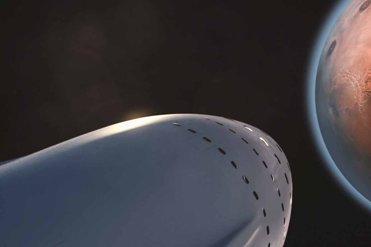 Vad hände på rymdområdet 2016? SpaceXs vision av resor till Mars. Bilden är bearbetad. Foto: SpaceX Bärraketen Falcon 9 landar på en pråm i havet.