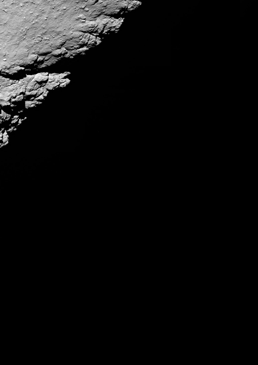 Bilden är tagen av rymdsonden Rosetta 1,2 km över ytan på kometen Churyumov- Gerasimenko strax innan Rosetta gör en planerad kraschlandning på kometen. Bilden är bearbetad.
