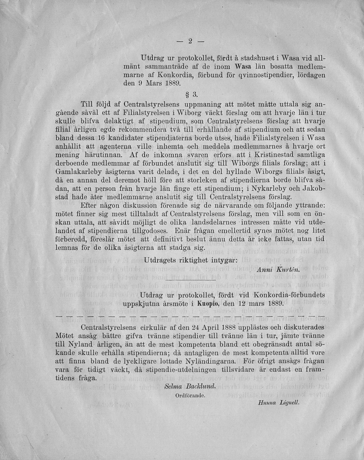 Utdrag ur protokollet, fördt å stadshuset i Wasa vid allmänt sammanträde af de inom Wasa län bosatta medlemmarne af Konkordia, förbund för qvinnostipendier, lördagen den 9 Mars 1889. 3.