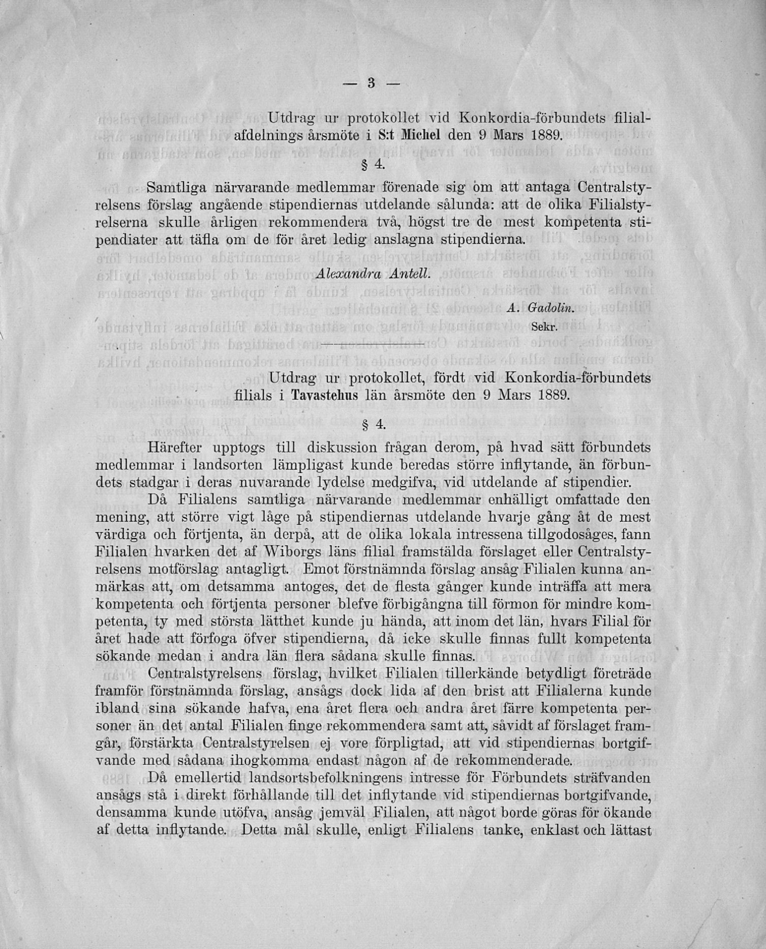 Utdrag ur protokollet vid Konkordia-förbundets filialafdelnings årsmöte i S:t Michel den 9 Mars 1889.