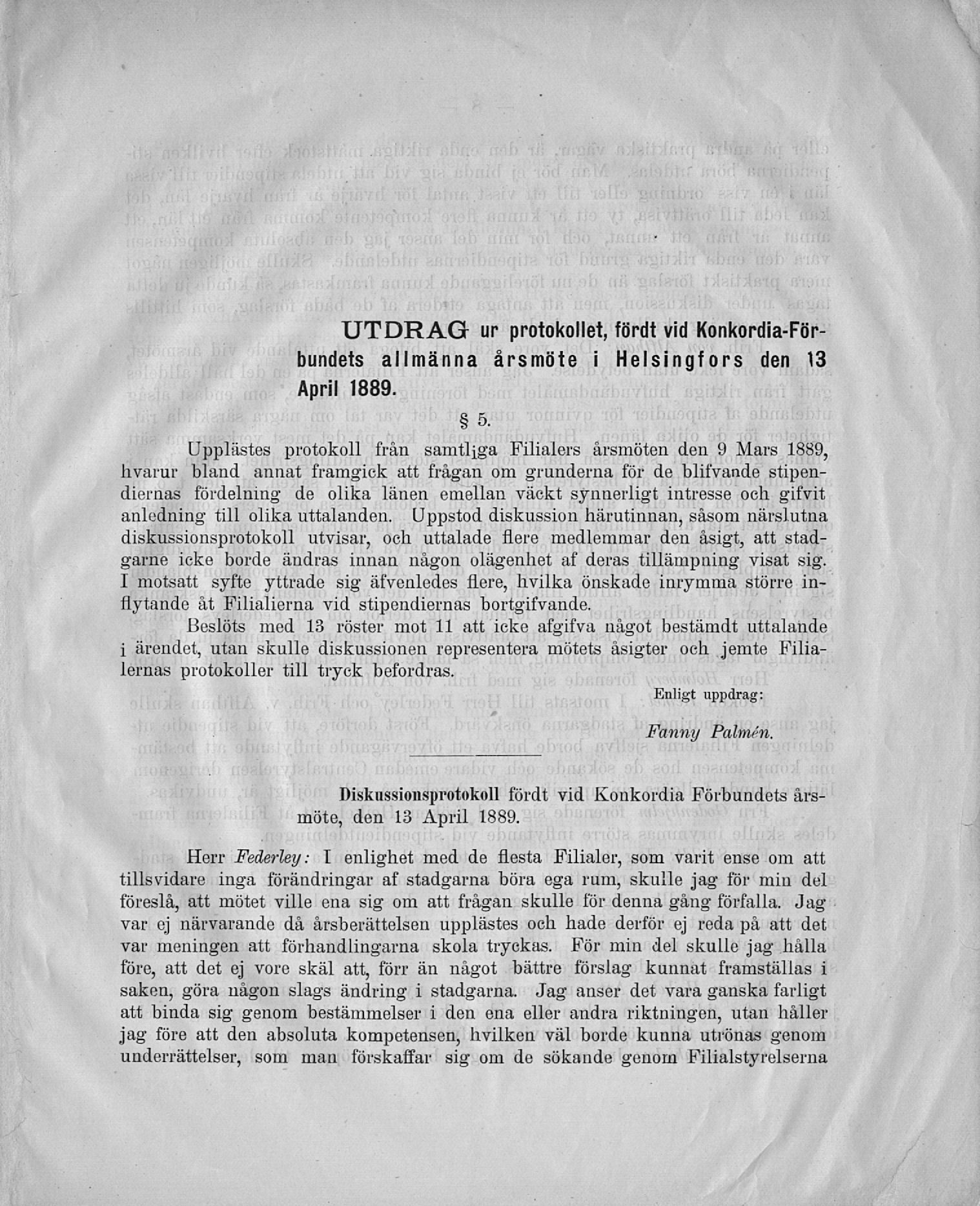 UTDRAG ur protokollet, fördt vid Konkordia-Förbundets allmänna årsmöte i Helsingfors den \3 April 1889.