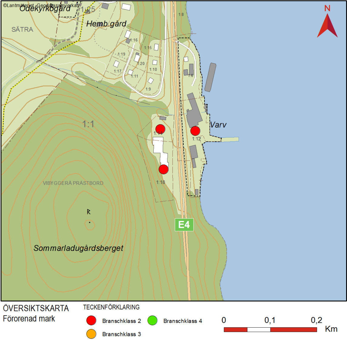 Karta över identifierade förorenade områden fastigheterna Vibyggerå Prästbord 1:14, Vibyggerå Prästbord 1:18 samt Vibyggerå Prästbord 1:12 och 1:6.