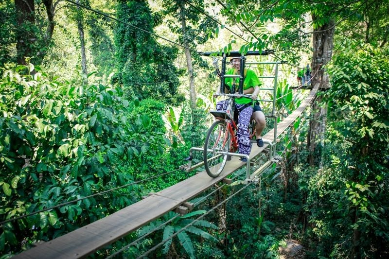 Zipline i djungeln Högt upp vid de gröna kullarna i Chiang Mai, mer än 1 000 meter över havet, finns Flying Squirrels ett spännande äventyr bland trädtopparna där man glider fritt längs vajern.
