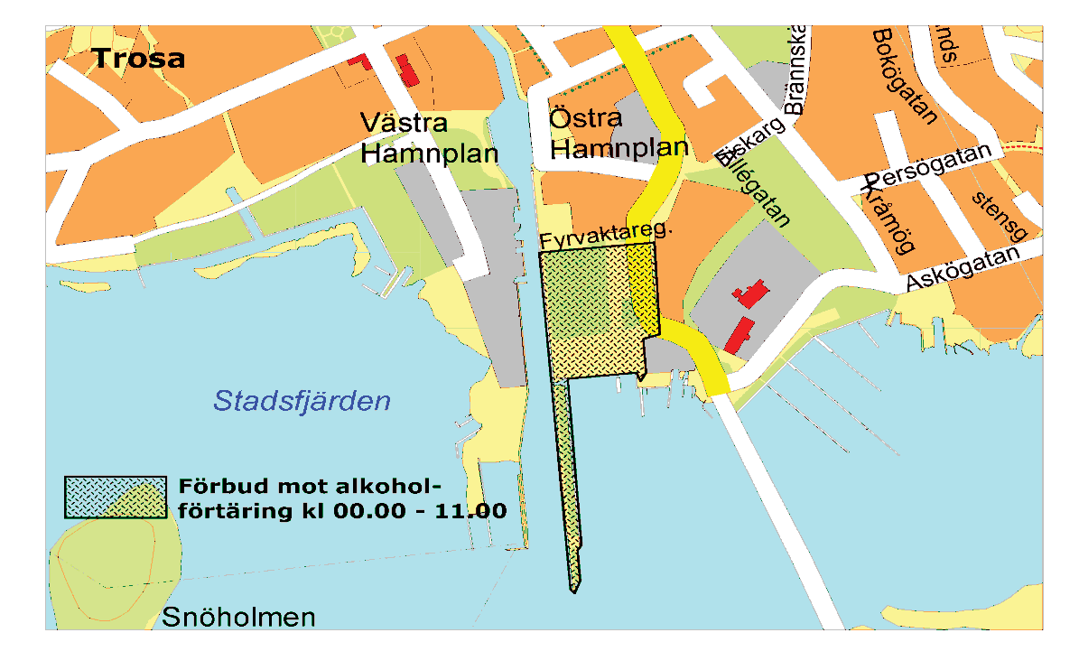 21 Spritdrycker, vin, öl och andra jästa alkoholdrycker får inte förtäras kl. 00.00-11.00 på offentlig plats markerad på nedanstående karta.