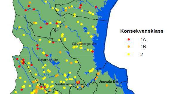 Figur 9-3. Dammanläggningar i konsekvensklass 1A, 1B respektive 2. I Gävleborgs län och delar av omgivande län.