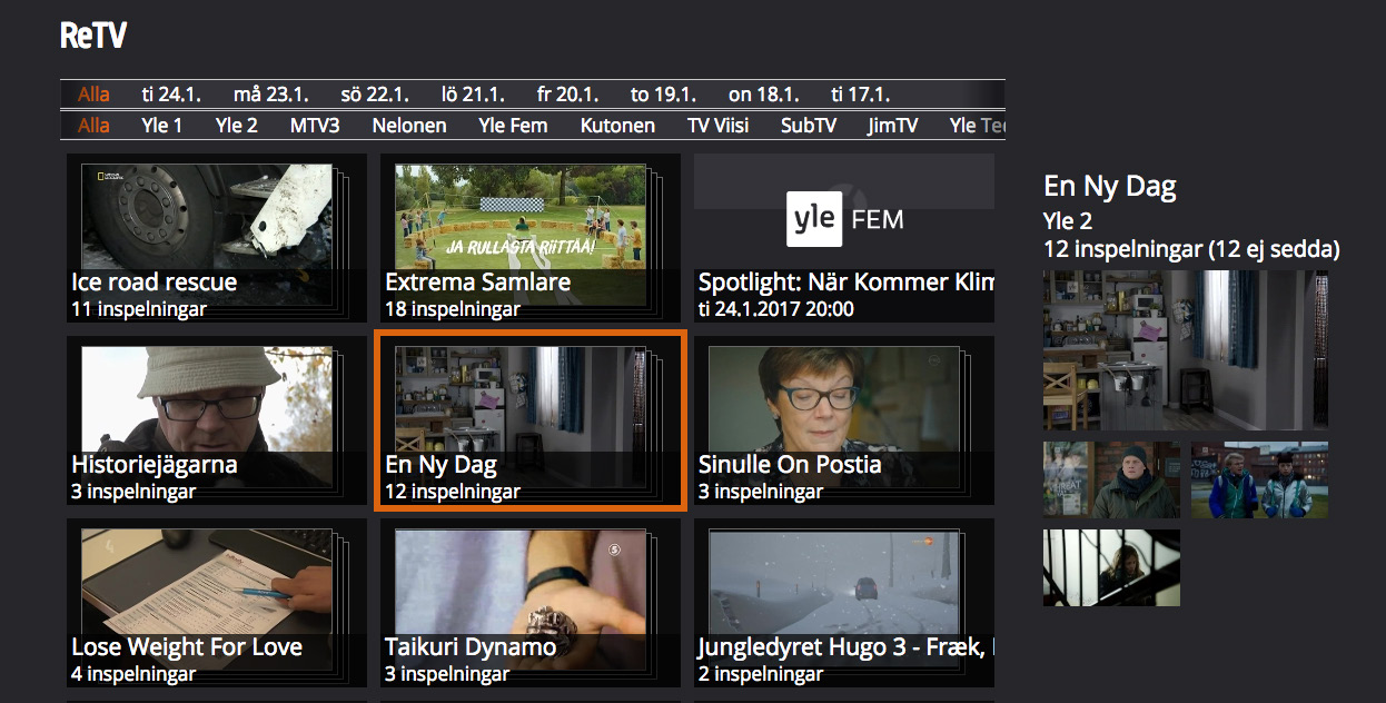 RETV Med ReTV har du möjlighet att gå tillbaka en vecka i tiden för att se på just det program du vill se. Uppdatering av ReTV biblioteket sker per automatik.