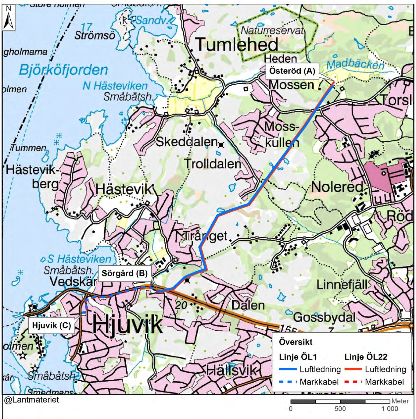 Figur 1: Lokalisering av ansökt sträckning för ledningarna ÖL1 och ÖL22, luftledning Österöd-Sörgård, markkabel Sörgård-Hjuvik. 1.3 