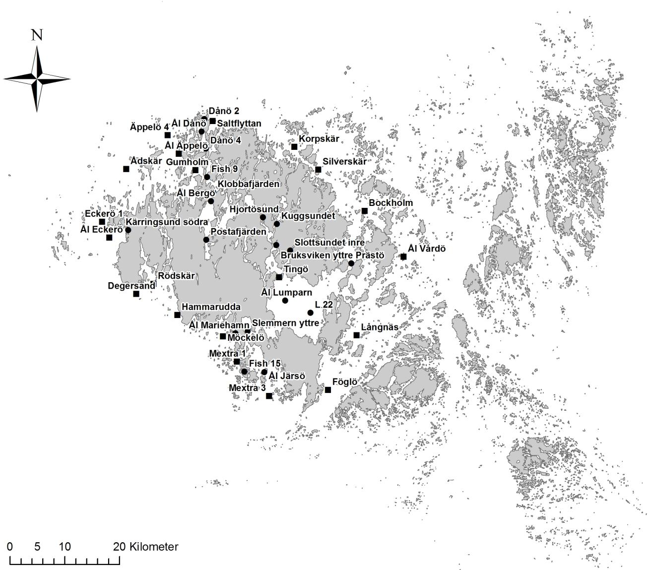 2 Figur 1. Karta över undersökningsområdet och de besökta stationernas läge. = skyddad station, = exponerad station.