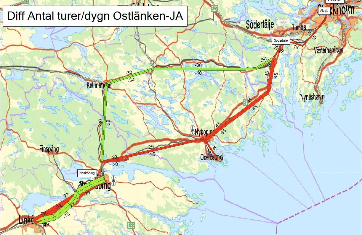 [ NY] 8(9) Med Ostlänken antas restiden för de regionala tågen Stockholm Linköping minska från ca 2 timmar till ca 1:20.