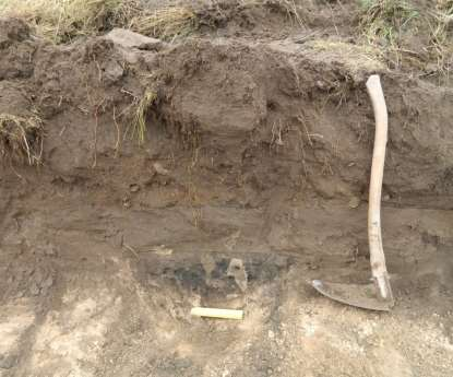 Figur 5. A 201 från öster. Anläggningen överlagras av tre fossila matjordslager. Foto Y. Wickberg.