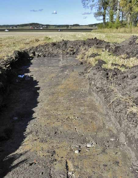 Figur 10. Inom planområdets nordligaste del påträffades en väggränna och söder om denna, en yta med riktligt med bränd lera, kolhaltig jord och skörbrända stenar. Mot norr. Foto: Gisela Ängeby.