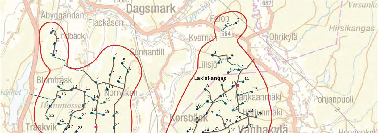 32 Lappfjärds och Lakiakangas vindkraftsparker CPC Finland Ab Bild 3.17. Servicevägar som ska byggas eller iståndsättas i samband med projektet.