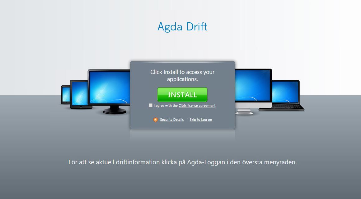 1. Installation och inloggning 1.1 Installation För att logga in på tjänsten Agda PS Hosting går du med hjälp av din webbläsare till länken: https://ctxweb.agdadrift.