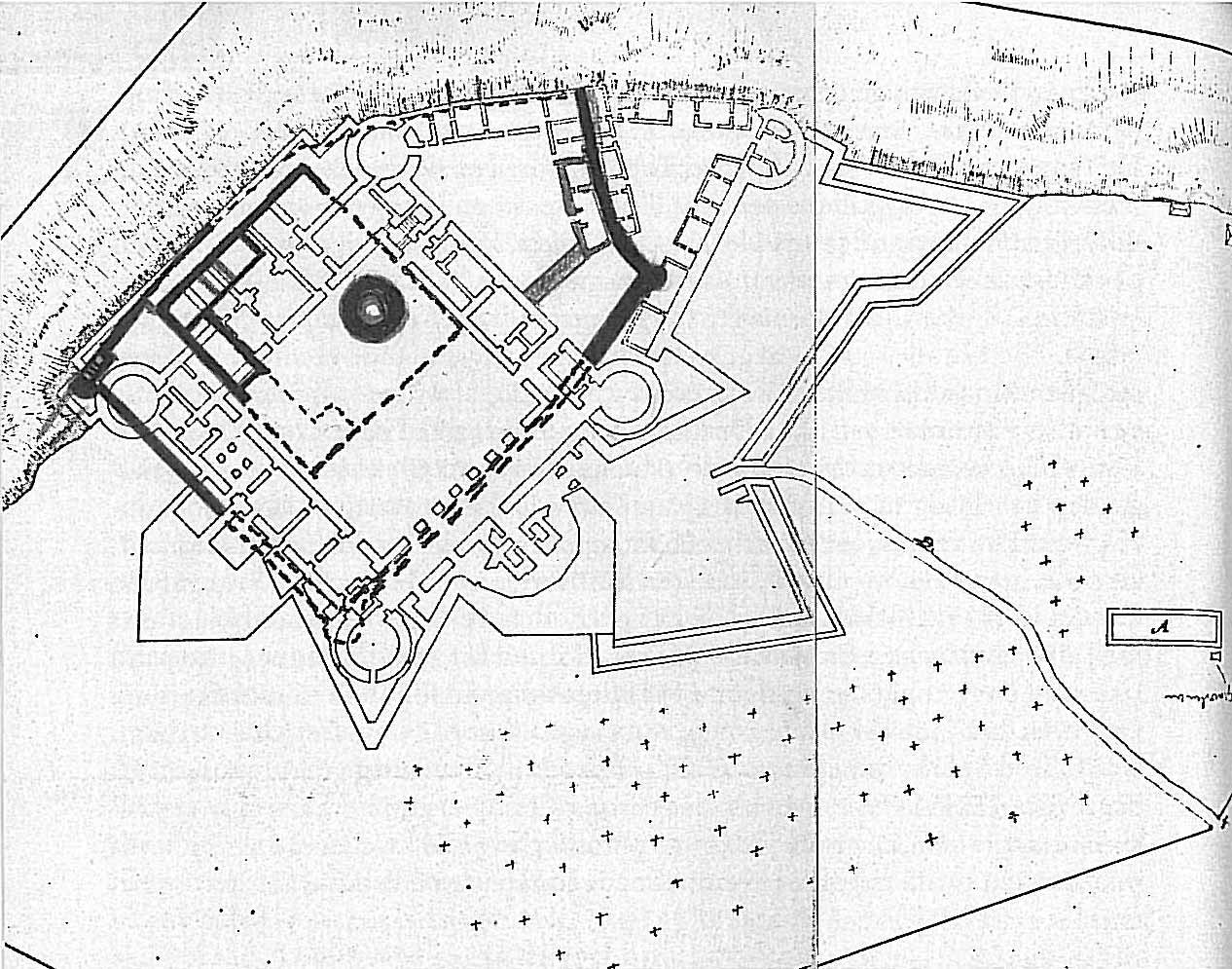 Figur 2. Äldre karta från 1800-talet med Borgs kyrka A och kyrkogården markerad. Rudolfsson har skissat in medeltidsborgen. Ur Rudolfsson 1990 s 212.