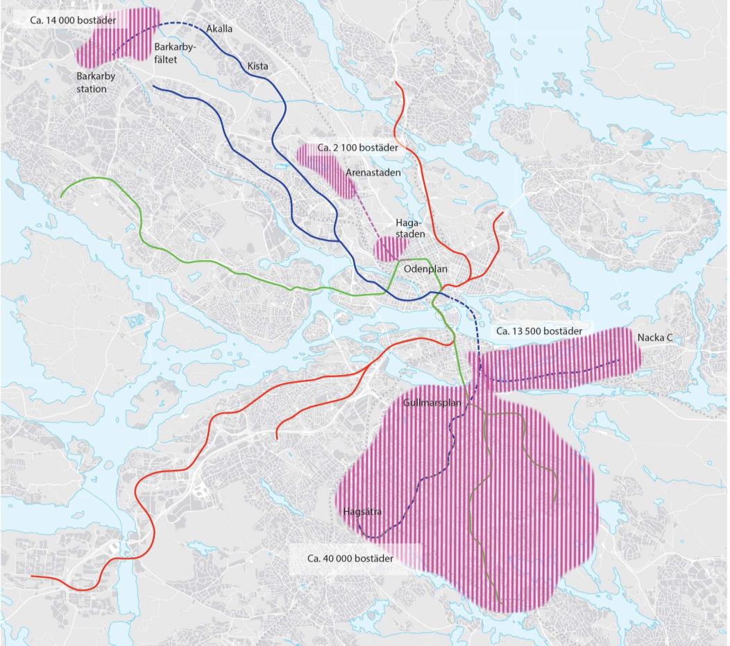 Bilden visar schematiskt i vilken geografi de närmare 78 000 bostäderna ska tillkomma till år 2030 (från 2014 räknat) enligt Tunnelbaneavtalet.