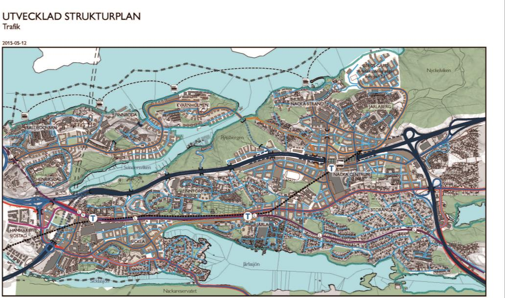 Bilden visar planerad infrastruktur i Nacka stad. Av kartan framgår bland annat att Skönviksvägen planeras bli huvudgata och huvudcykelstråk samt att bebyggelse planeras längs med Skönviksvägen.