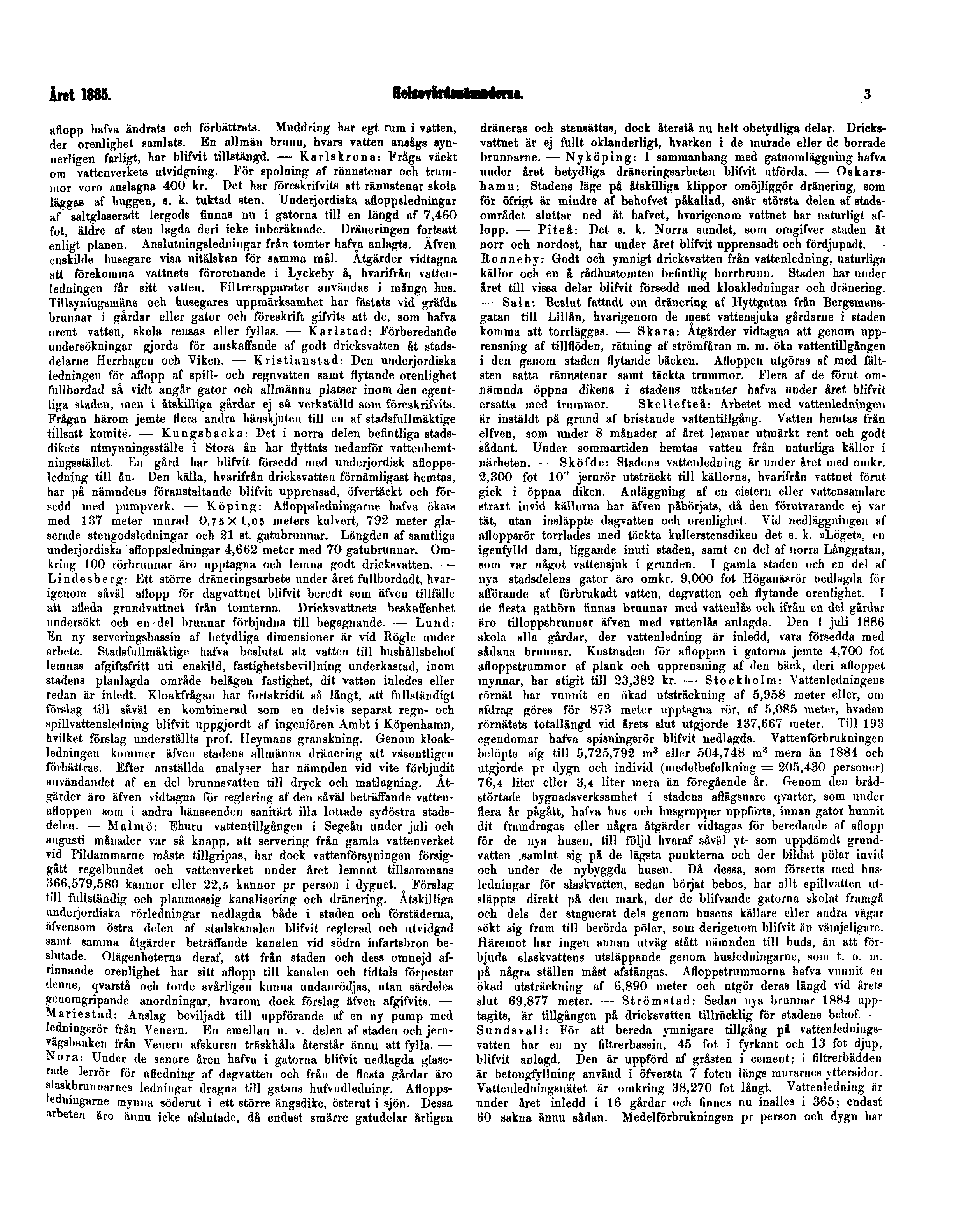Året 1885. Helsovårdsnämnderna. 3 aflopp hafva ändrats och förbättrats. Muddring har egt rum i vatten, der orenlighet samlats.
