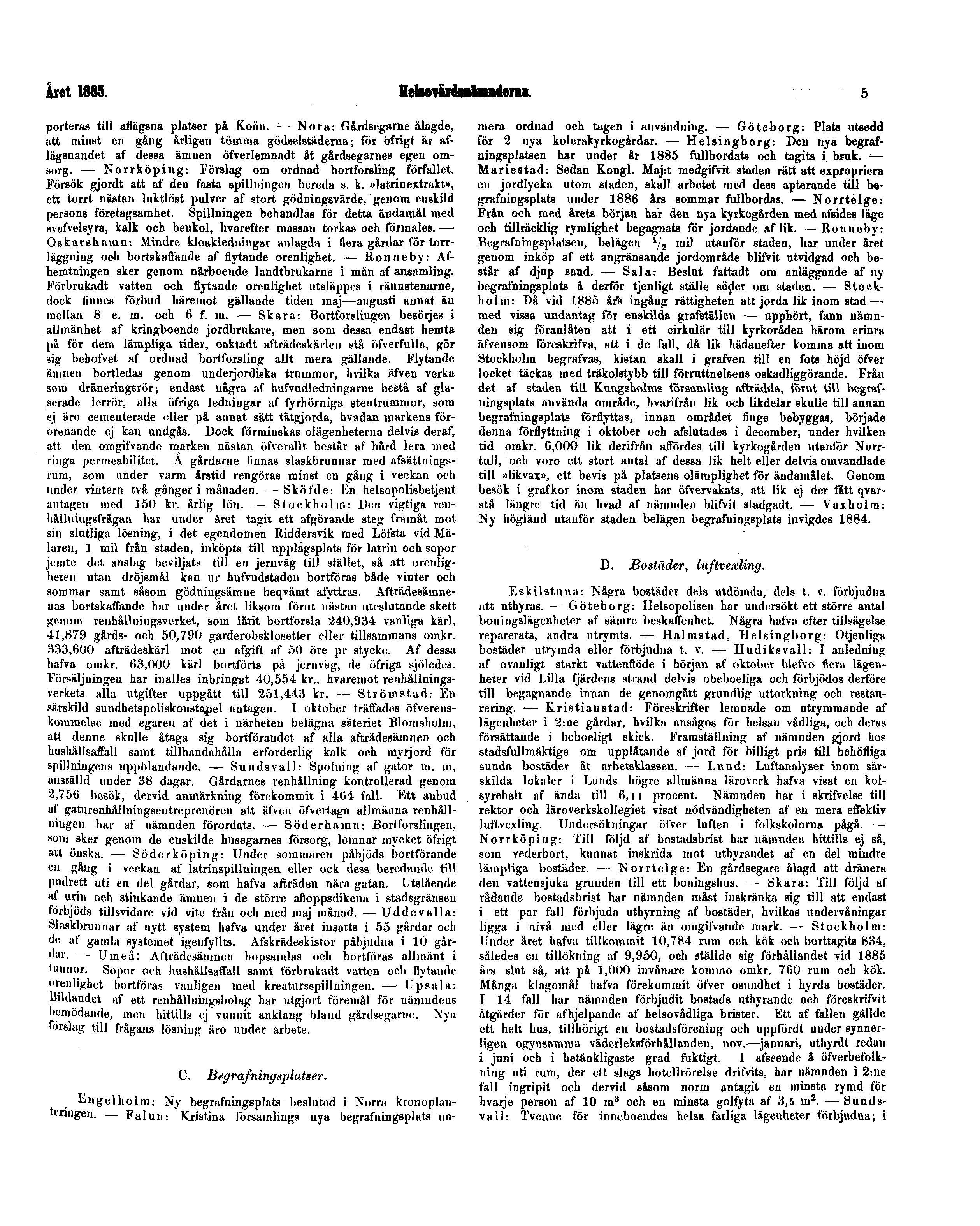 Året 1885. Helsovårdsnämnderna. 5 porteras till atlägsna platser på Koön.