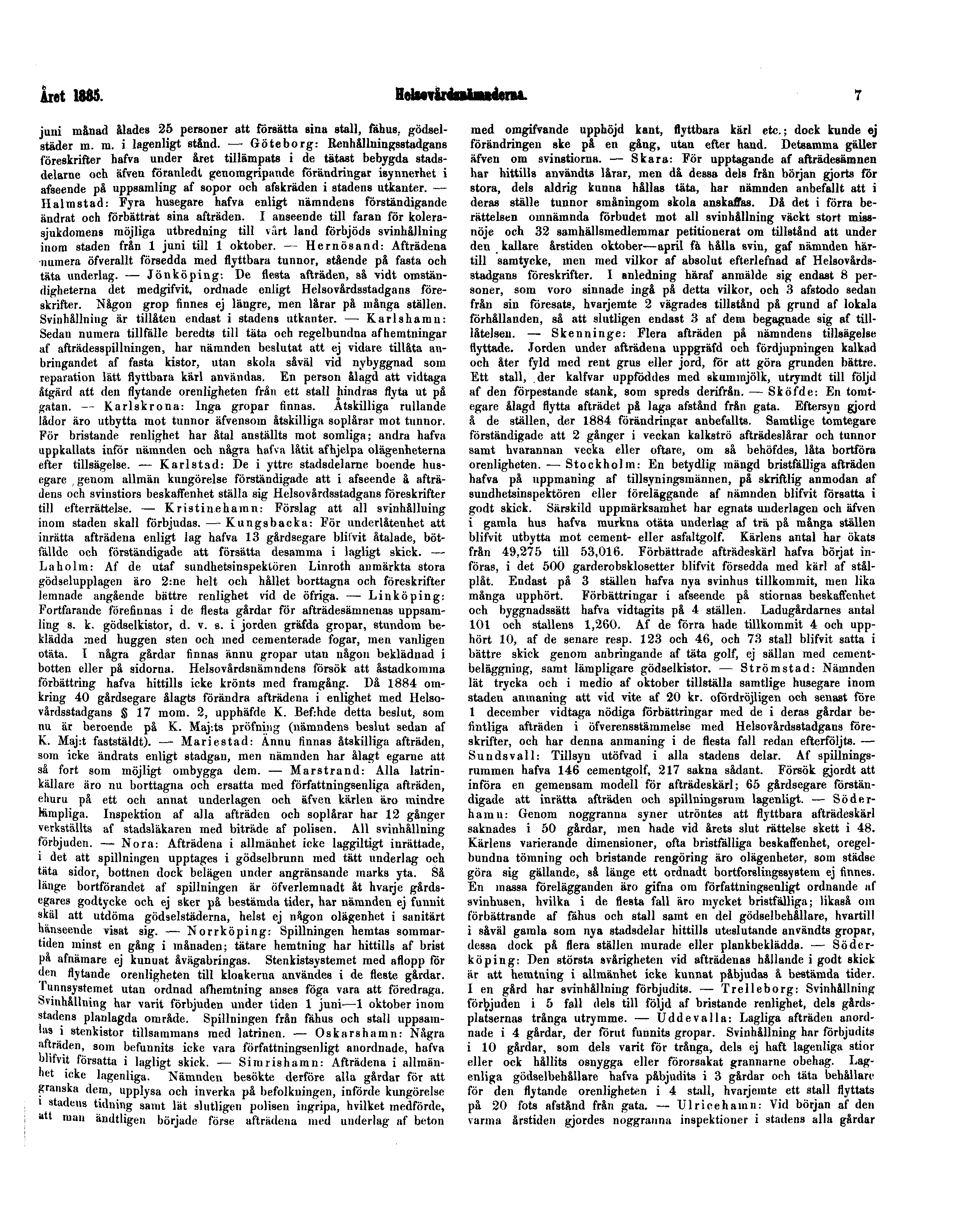 Året 1885. Helsovårdsnämnderna. 7 juni månad ålades 25 personer att försätta sina stall, fähus, gödselstäder m. m. i lagenligt stånd.