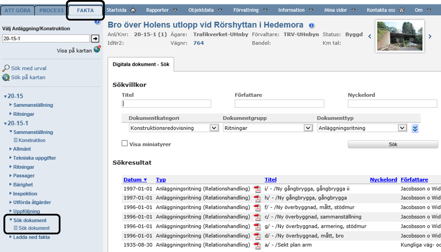 Att använda kartfunktionen för att hitta en konstruktion kommer säkerligen att utnyttjas ofta. Om du klickar på länken Sök på kartan visas en karta över Sverige i arbetsytan.