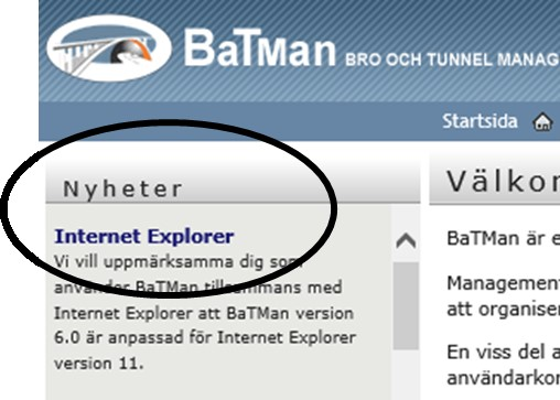 BaTMans aktiviteter inleds alltid med en startsida i form av en visasida. Under denna sida finns registreringssidor m.m. som du kommer åt om din behörighet till konstruktioner och aktiviteter medger detta.