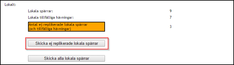 Vy 39: Hämta alla nationella spärrar Skicka alla lokala spärrar och tillfälliga hävningar genom att trycka på knappen Skicka alla lokala spärrar.