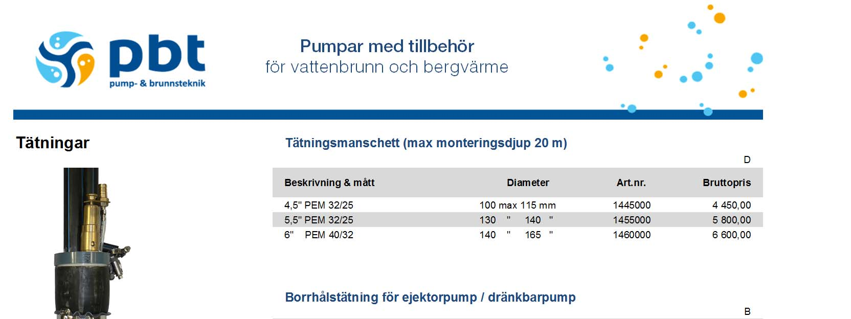 Tätningar Tätningsmanschett (max monteringsdjup 20 m) D eskrivning & mått Diameter ild saknas 4,5" PEM 32/25 100 max 115 mm 1445000 4 450,00 5,5" PEM 32/25 130 " 140 " 1455000 5 800,00