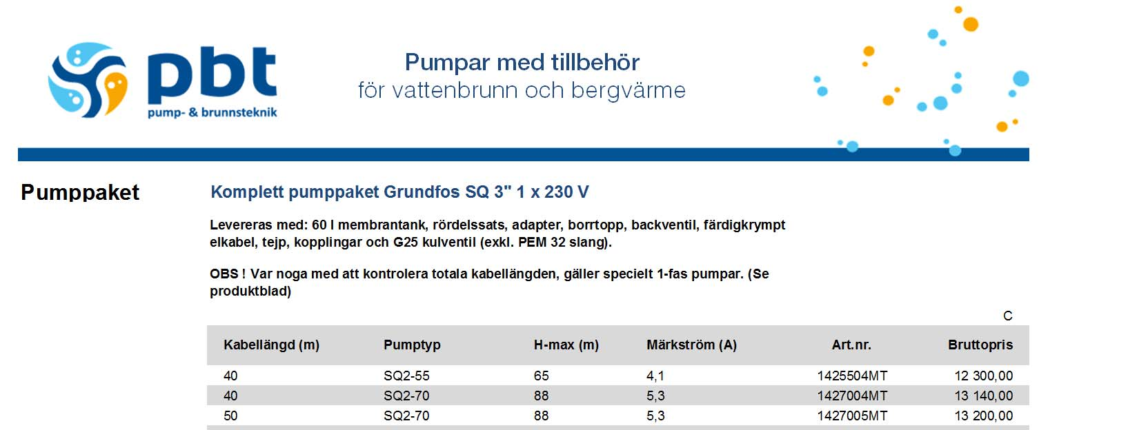 Pumppaket Komplett pumppaket Grundfos SQ 3" 1 x 230 V SANT Levereras med: 60 l membrantank, rördelssats, adapter, borrtopp, backventil, färdigkrympt elkabel, tejp, kopplingar och G25 kulventil (exkl.