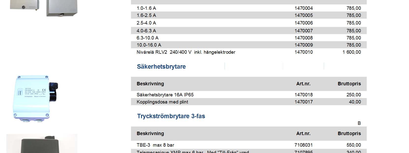 0 A 1470008 785,00 10.0-16.0 A 1470009 785,00 Nivårelä RLV2 240/400 V inkl.