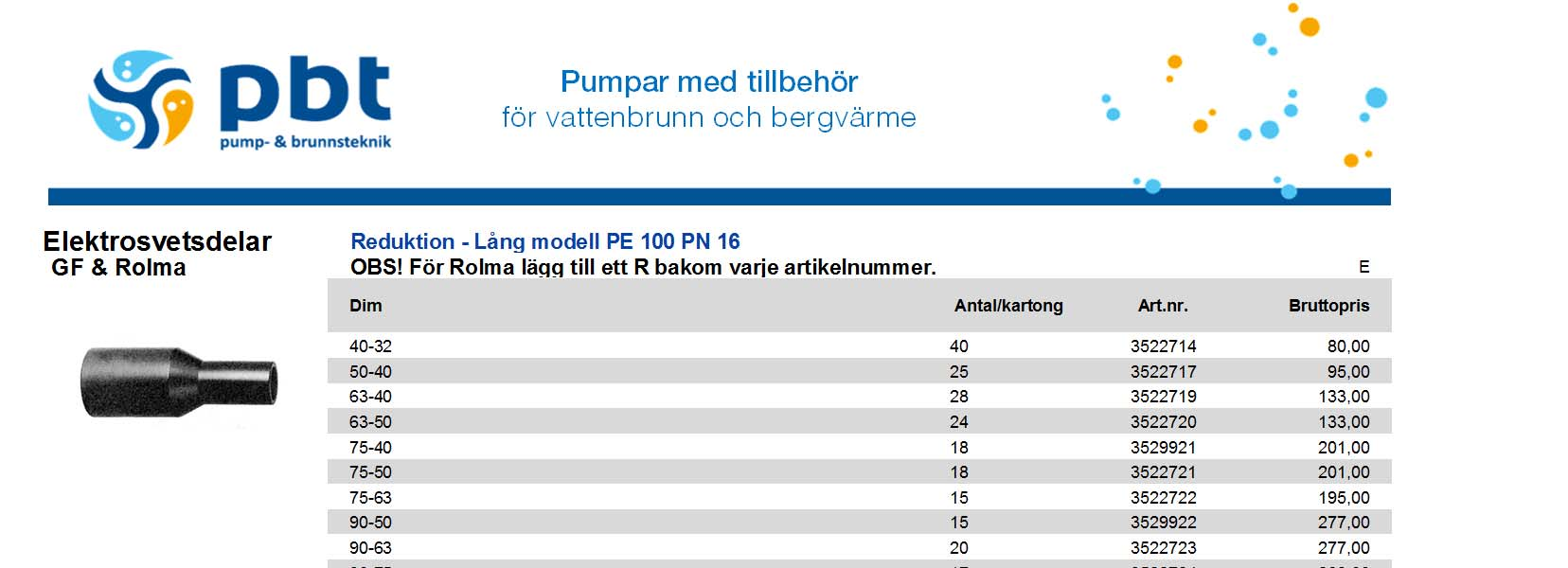 Elektrosvetsdelar Reduktion - Lång modell PE 100 PN 16 GF & Rolma OS! För Rolma lägg till ett R bakom varje artikelnummer.