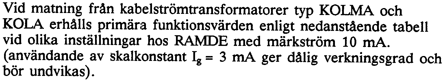 45 Vid matning från kabelströmtransformatorer typ KOLMA och KOLA erhålls primär.
