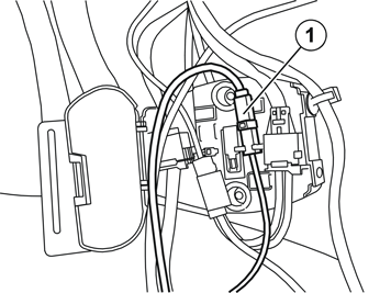 Klamma fast den vid luftkanalen med tre bandklammor ur satsen. J3905043 99 Anslut den framdragna antennledningen (1) till motsvarande ledning i kontaktbryggan.