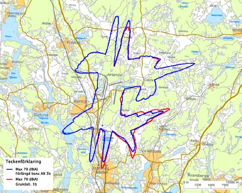 Maximal ljudnivå över 70 db(a) minst tre gånger per årsmedeldygn för alternativ 3b. Jämförelse med utrett alternativ (1b). I kartan nedan, figur MKB5.8.