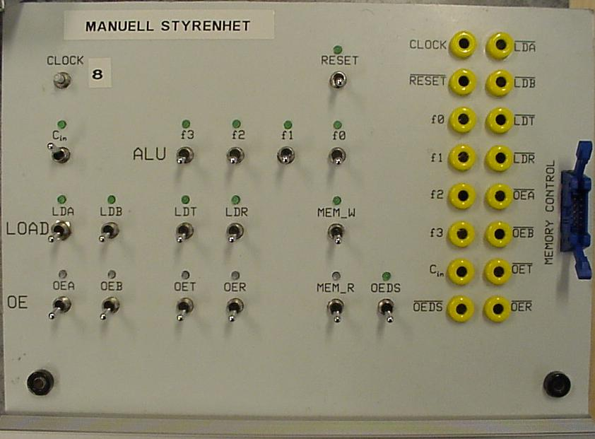 Enkel manuell styrenhet Modulen innehåller ett antal switchar för styrning av den enkla datavägen i FLEX. Signalerna kopplas manuellt med banansladdar.
