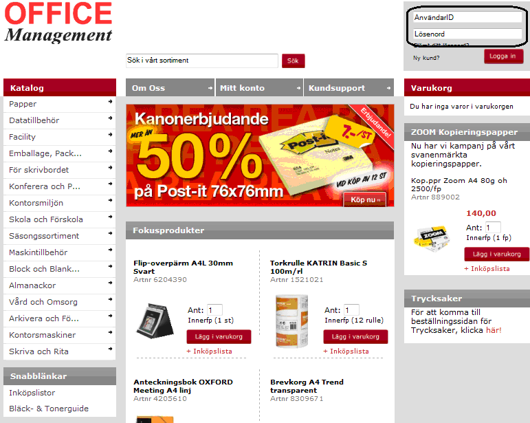 Inloggning När du har fått ID och lösenord visar vi här hur inloggning till Office Managements Webshop fungerar. Starta din webläsare och skriv in webshop.officemanagement.se i adressfältet.