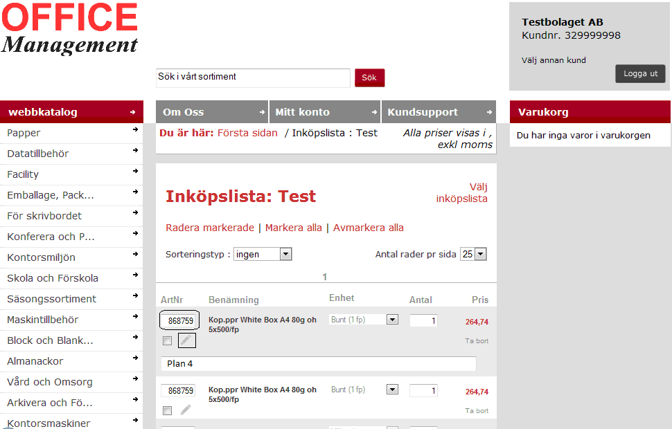 Klicka på "Ny lista" Skriv in namnet på listan som du önskar skapa Klicka på "Spara". Öppna befintlig inköpslista Klicka på Inköplistor i menyn Mitt konto.