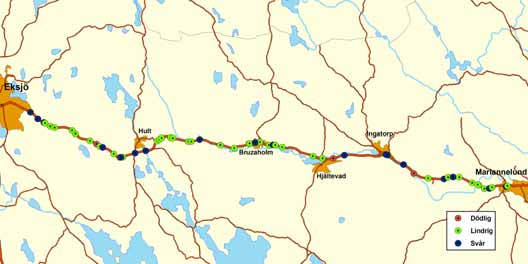 5. Fältstudie Trafikmängden (ÅDT) på den aktuella sträckan uppgick år 2002 till 3880 fordon/dygn. Andelen tung trafik var högst 14 % (Hårrskog, 2005).