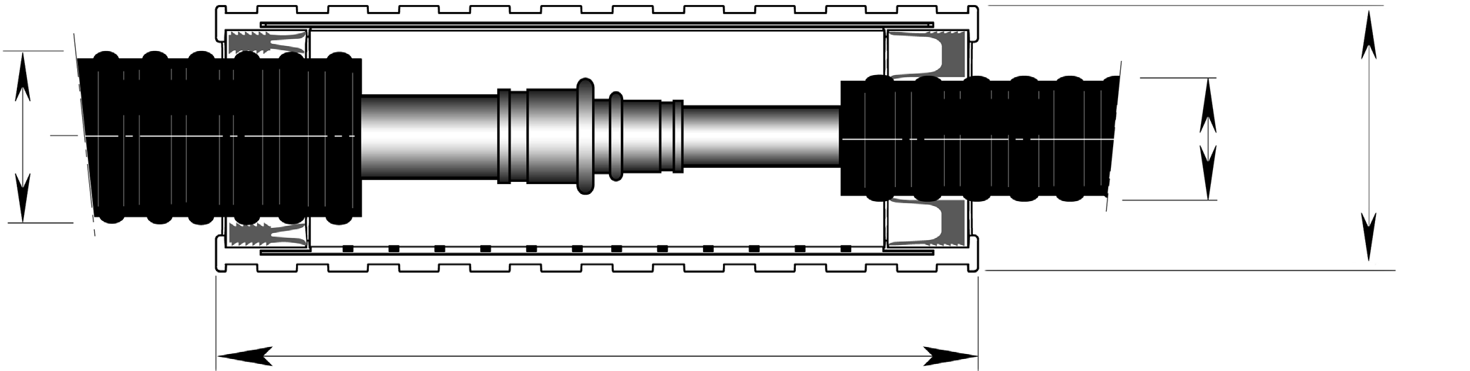 ALUPEX-rörskulvert Stor I-muff Dimension Ø 76-126 mm 1 4 3 2 5 6 d1 d2 265 752 Figur i mm Stor I-muff, Enkel-/Dubbelrör Yttermantel Ø d2 Ø d1 76 91 111 126 76 x x x x 91 x x x x 111 x x x x 126 x x x