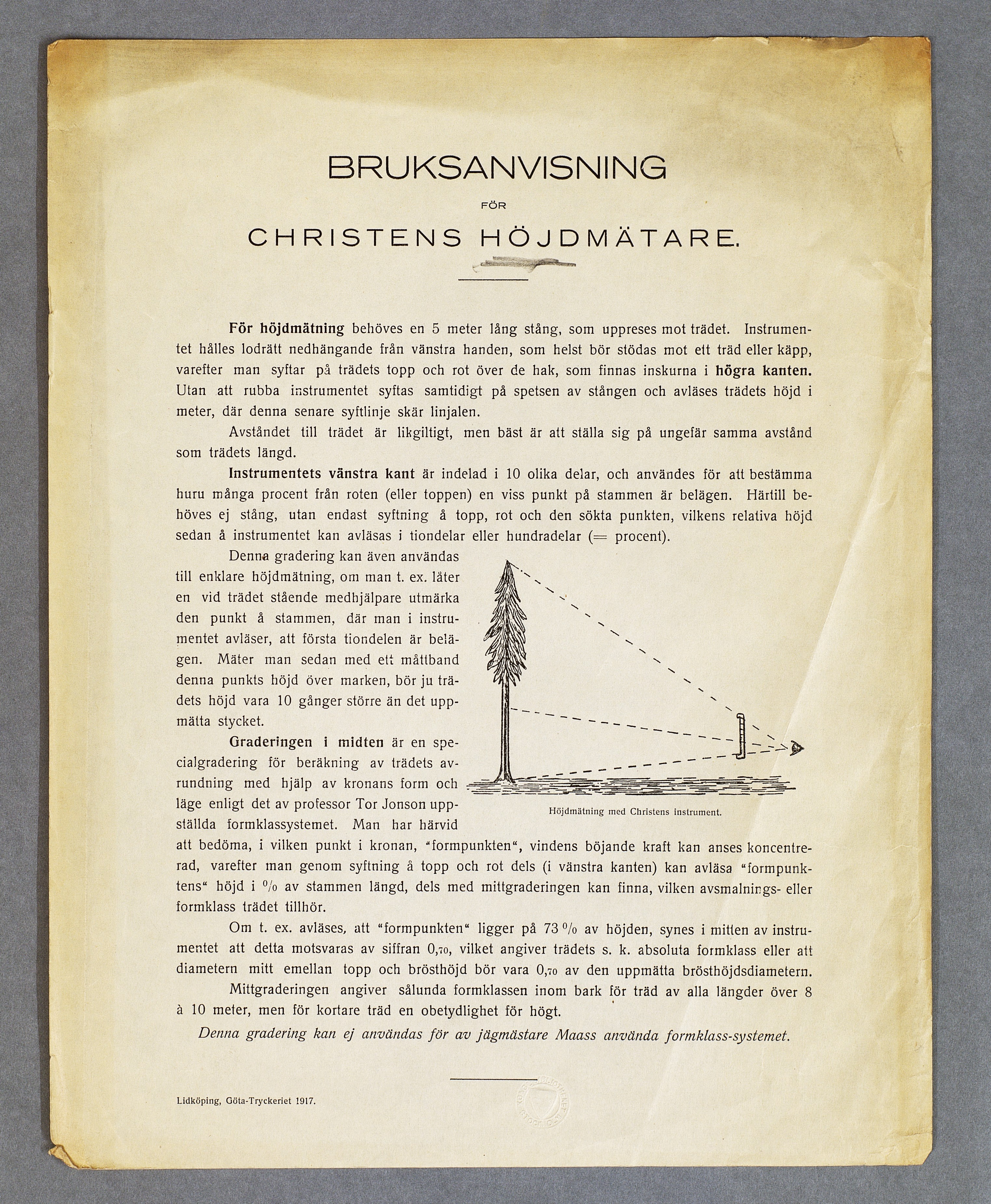B R U K S A N V IS N IN G FÖ R CHRISTENS HÖJDMÄTARE. För höjdmätning behöves en 5 meterlång stång, somuppreses tet hålles lodrätt nedhängande från vänstra handen, somhelst bör mot trädet.