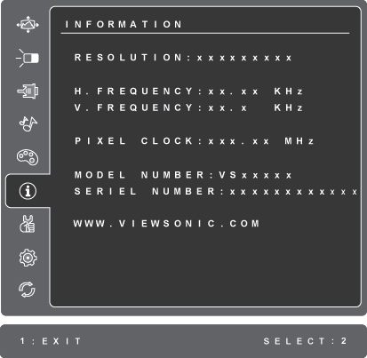 Kontroll Beskrivning Information visar synkroniseringsläget (videosignalingång) som kommer från datorns grafikkort, LCD-modellnumret, serienumret och ViewSonic URLadress på Internet.