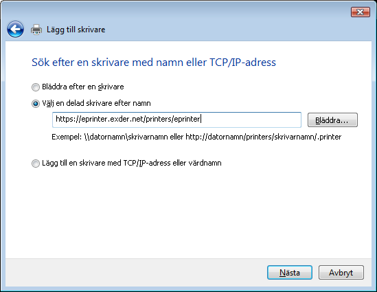 Välj Skrivaren jag vill använda finns inte med i listan Efter Välj en delad skrivare efter namn skriver