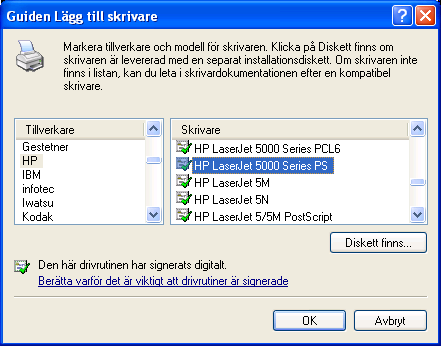 Välj på nästa sida om ni vill ha den som standard skrivare - Ja eller Nej - och klicka sedan på Nästa. (Vi rekommenderar att ni väljer Nej.