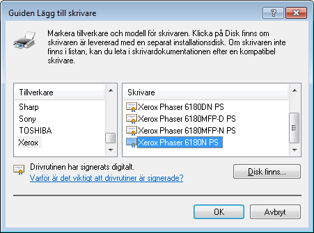 Välj under Tillverkare Xerox och under Skrivare Xerox