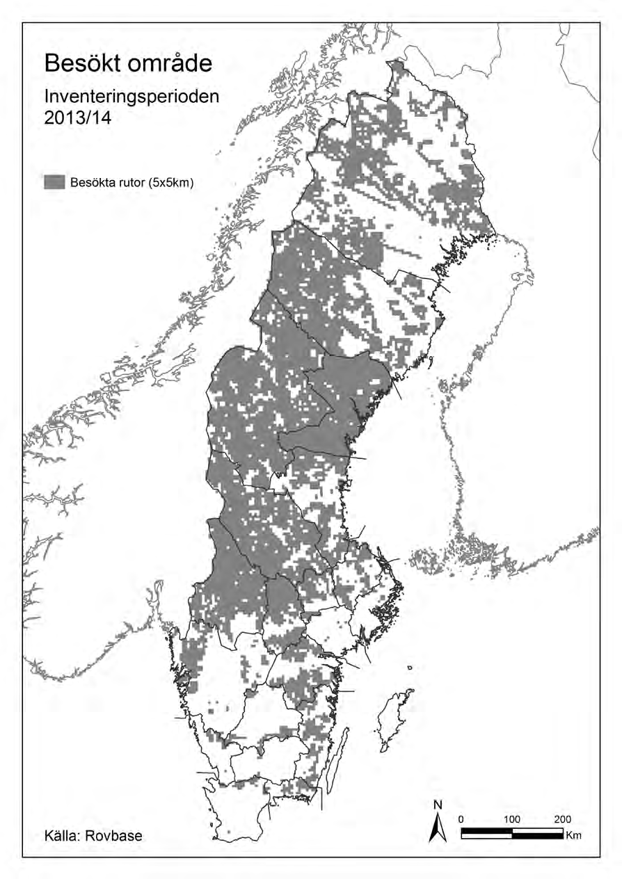 Appendix 6 Kartan visar områden som besökts av länsstyrelserna under inventeringsperioden i syfte att söka efter eller dokumentera spår av stora rovdjur.